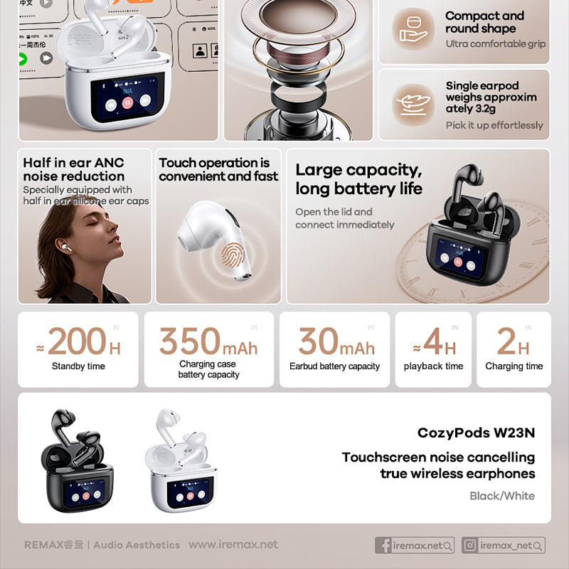 Remax Cozy pods True Wireless Earbuds Touch Screen ANC Noise Cancelling Bluetooth Headphones W23N - White Remax Cozy pods True Wireless Earbuds Touch Screen ANC Noise Cancelling Bluetooth Headphones W23N - White